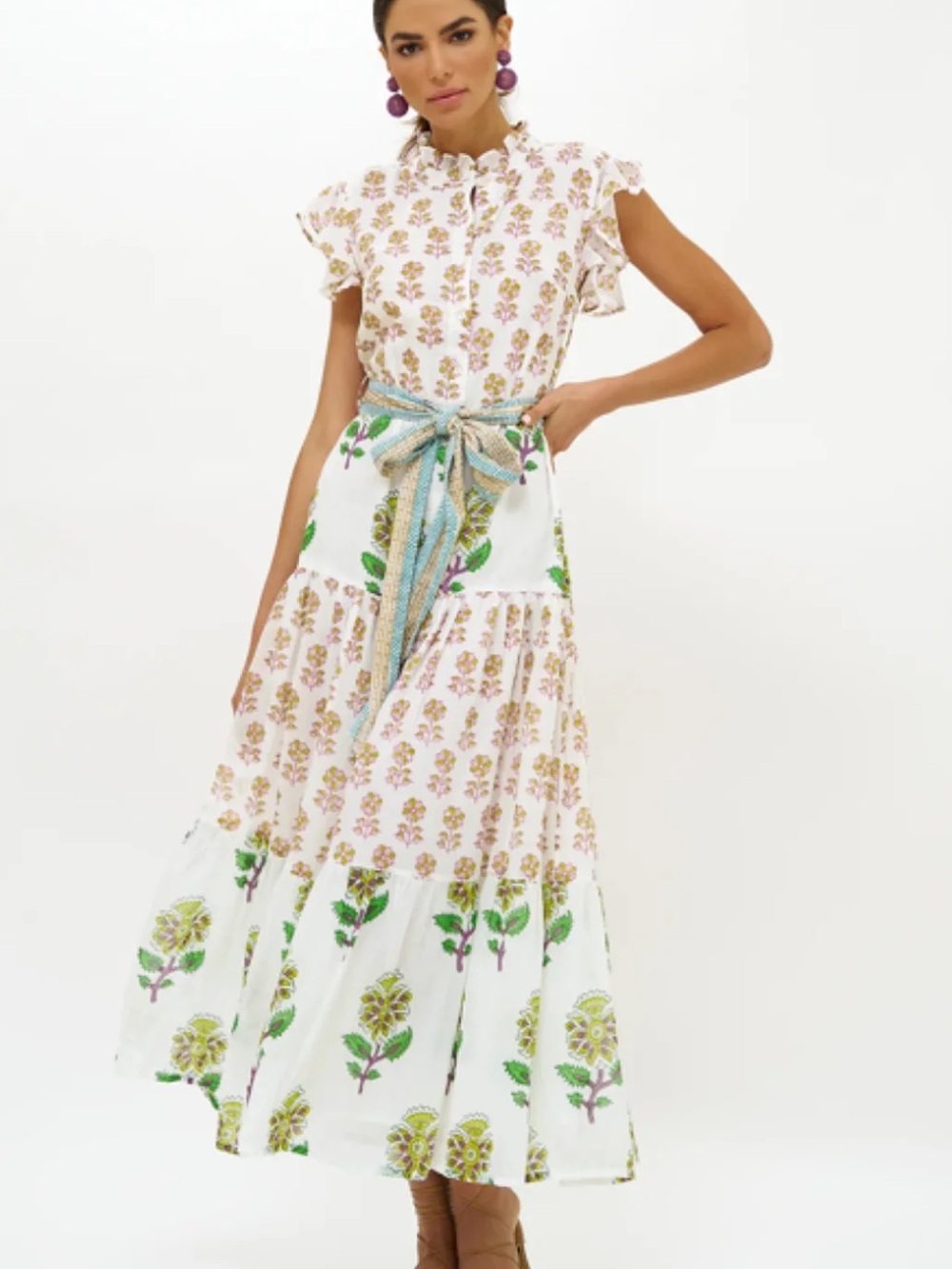 Oliphant White Maxi Dress with Green and Pink Floral Print
